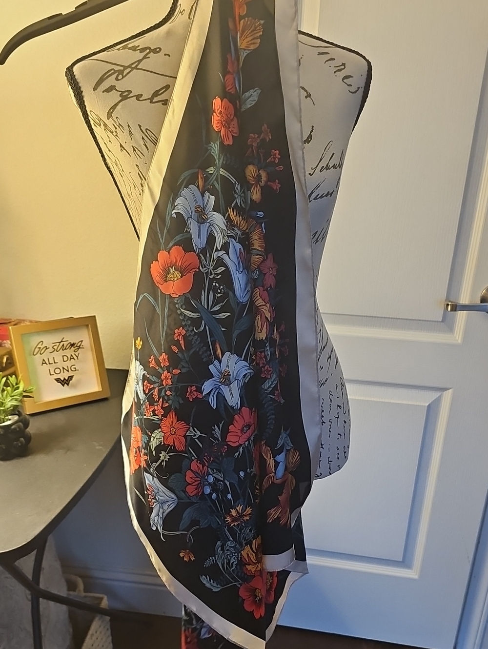 Floral Black Silk-Look Scarf with Ivory Border